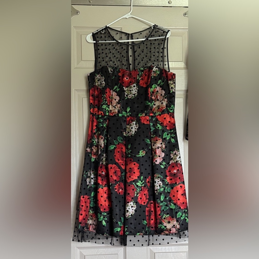 SD Collection Black Dress with Red and Green Floral Design